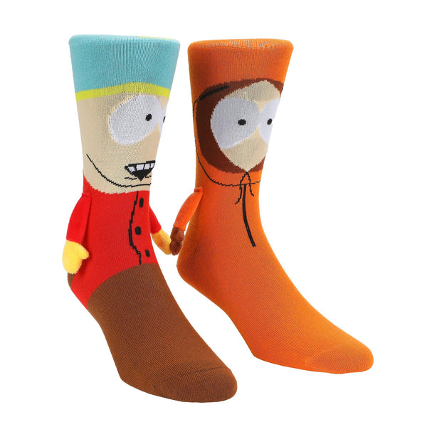 2 socks on foot forms, one made to look like Cartman and the other Kenny, with 3D arms and magnetic hands