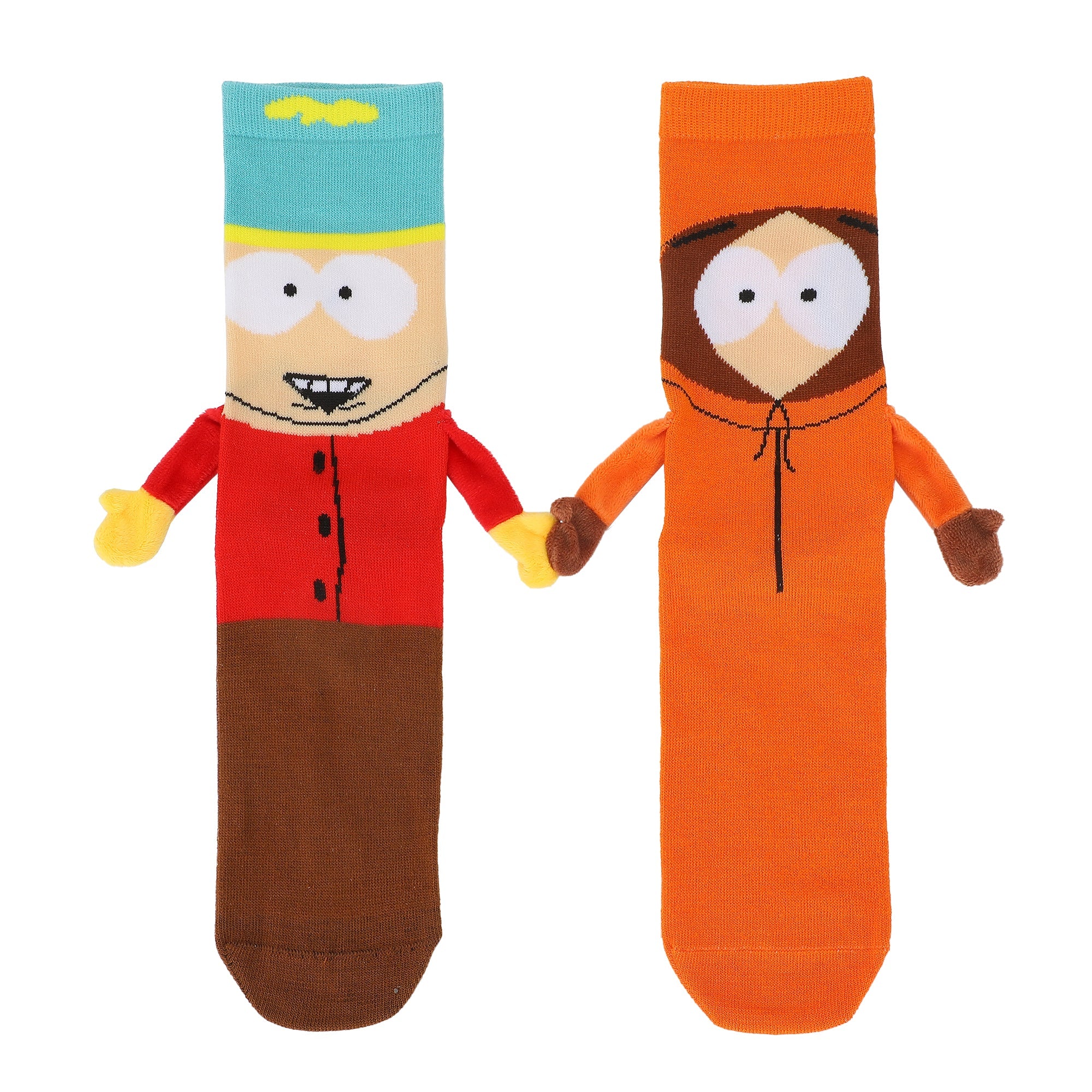 2 socks in flatlay, one made to look like Cartman and the other Kenny, with 3D arms and magnetic hands