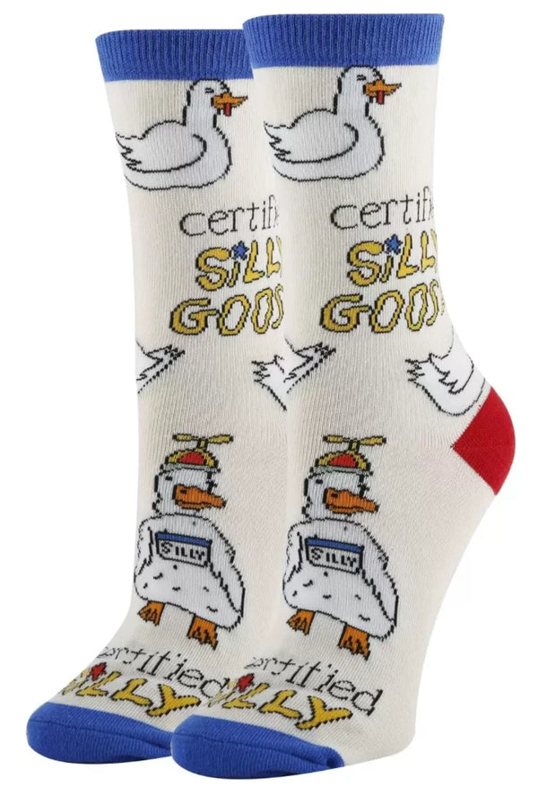 Tan socks with a cartoon goose design and text that reads "CERTIFIED SILLY GOOSE"