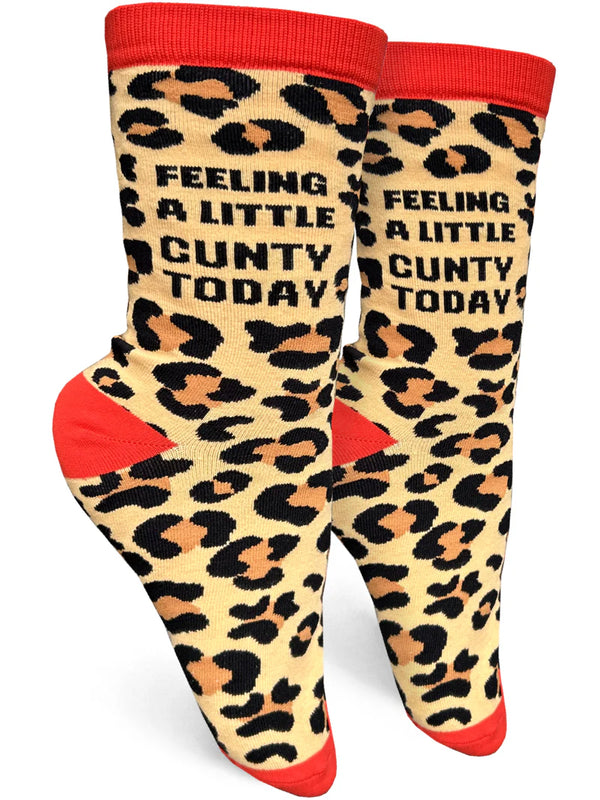 Leopard print crew socks with orange accents with text that reads "Feeling a little cunty today"