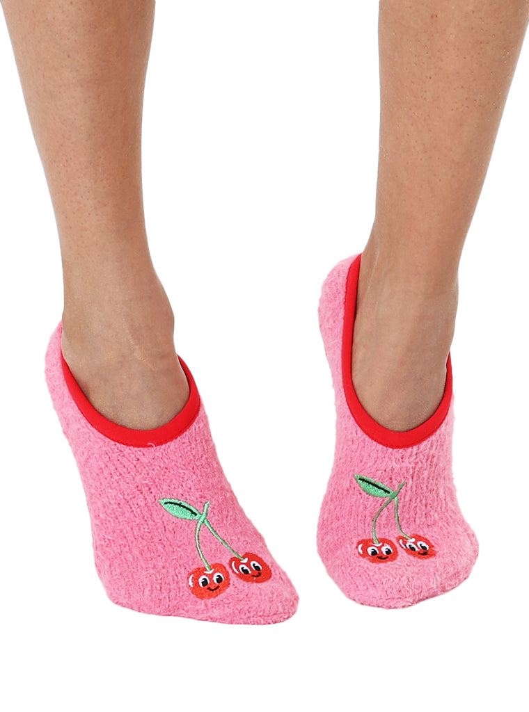 pink fuzzy slipper style cozy socks featuring happy cherry embroidery on the toe