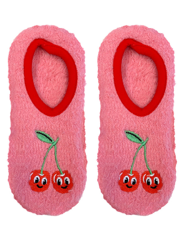 pink slipper socks laying flat on a white background, with a red cuff and embroidery of cherries with happy faces on the toe