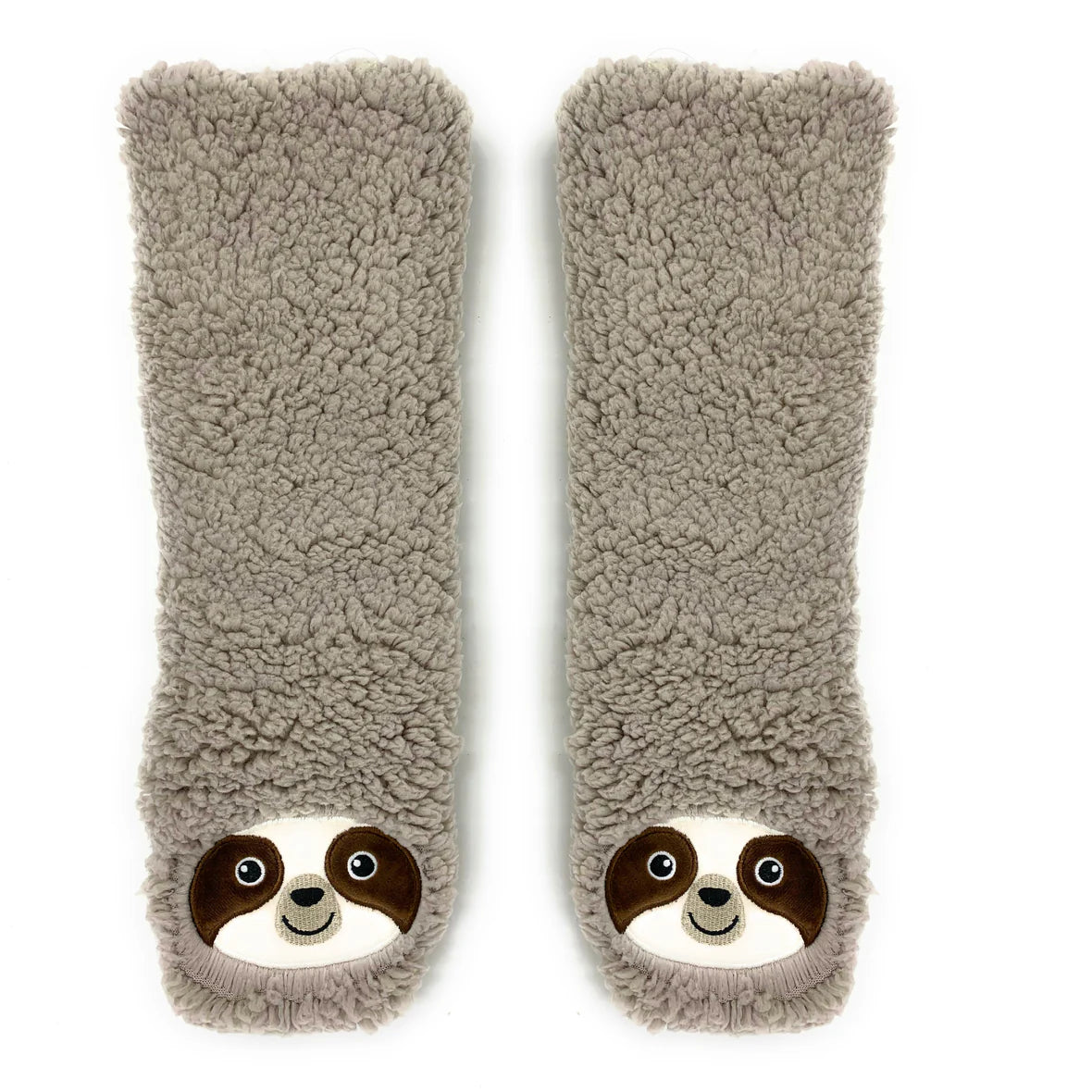 Pair of tan slipper socks with sloth faces on a white background