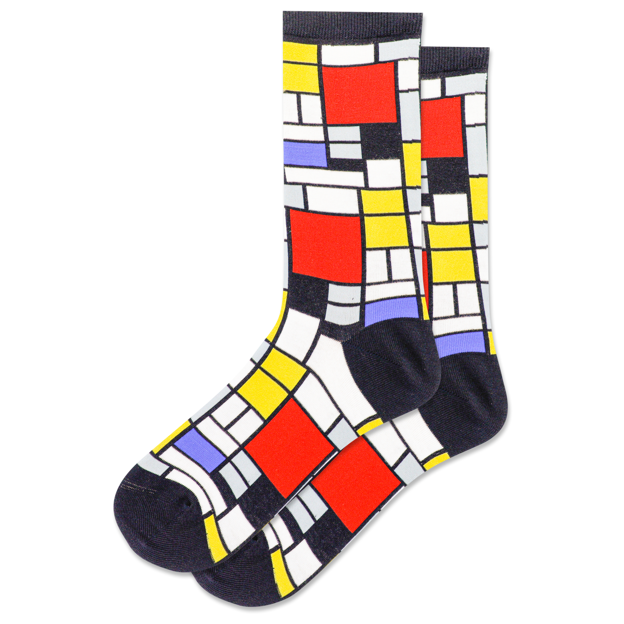 flatlay of geometric black, white, and primary color socks reminiscent of the modern art of Piet Mondrian