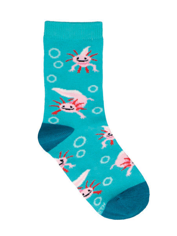 Teal sock with cartoon axolotl design on a white background