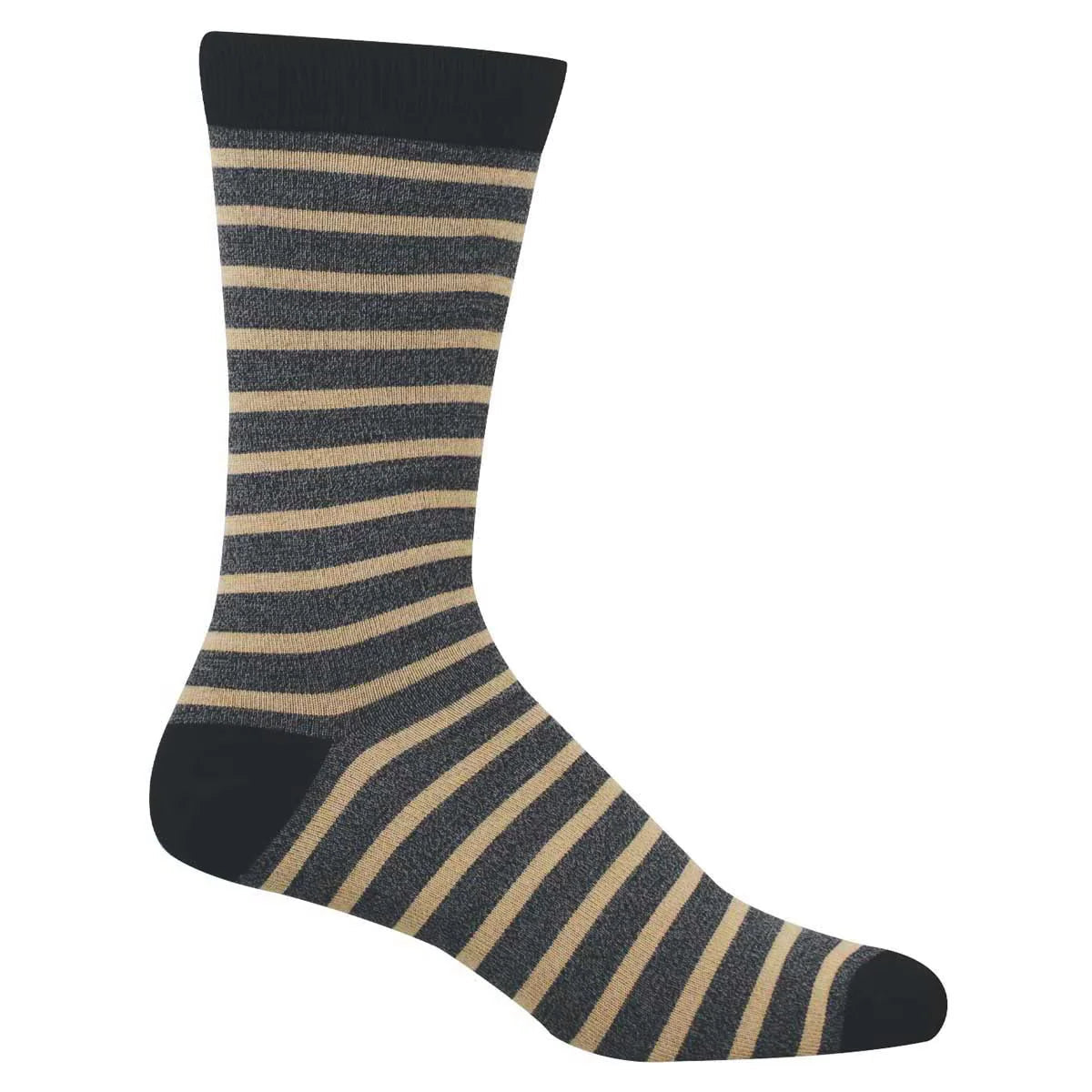 Charcoal and gold-striped sock on white background