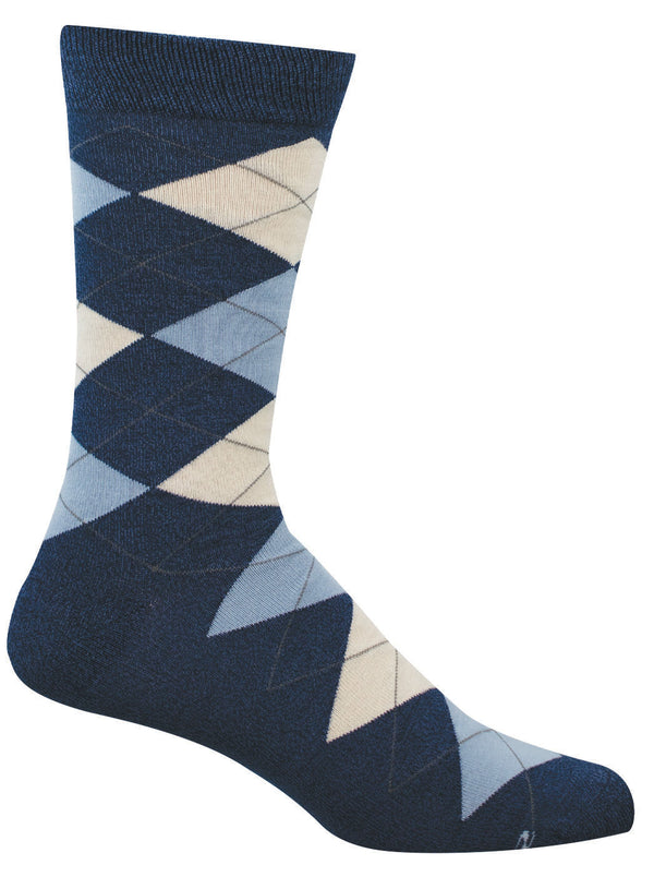 Blue argyle patterned sock on a white background