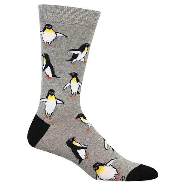 Gray sock with penguin pattern on a white background