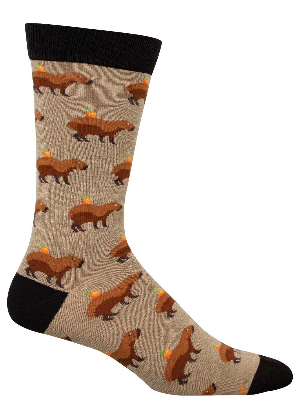 Hemp-colored sock with capybara & orange design on white background