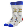 Off-white socks on foot forms featuring goofy geese and ted that says "CERTIFIED SILLY GOOSE"