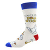 Off-white sock on a foot form featuring goofy geese and ted that says "CERTIFIED SILLY GOOSE"