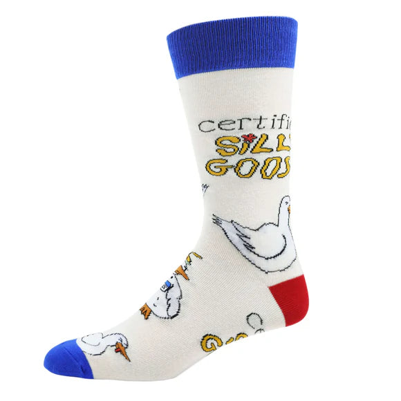 Off-white sock on a foot form featuring goofy geese and ted that says "CERTIFIED SILLY GOOSE"