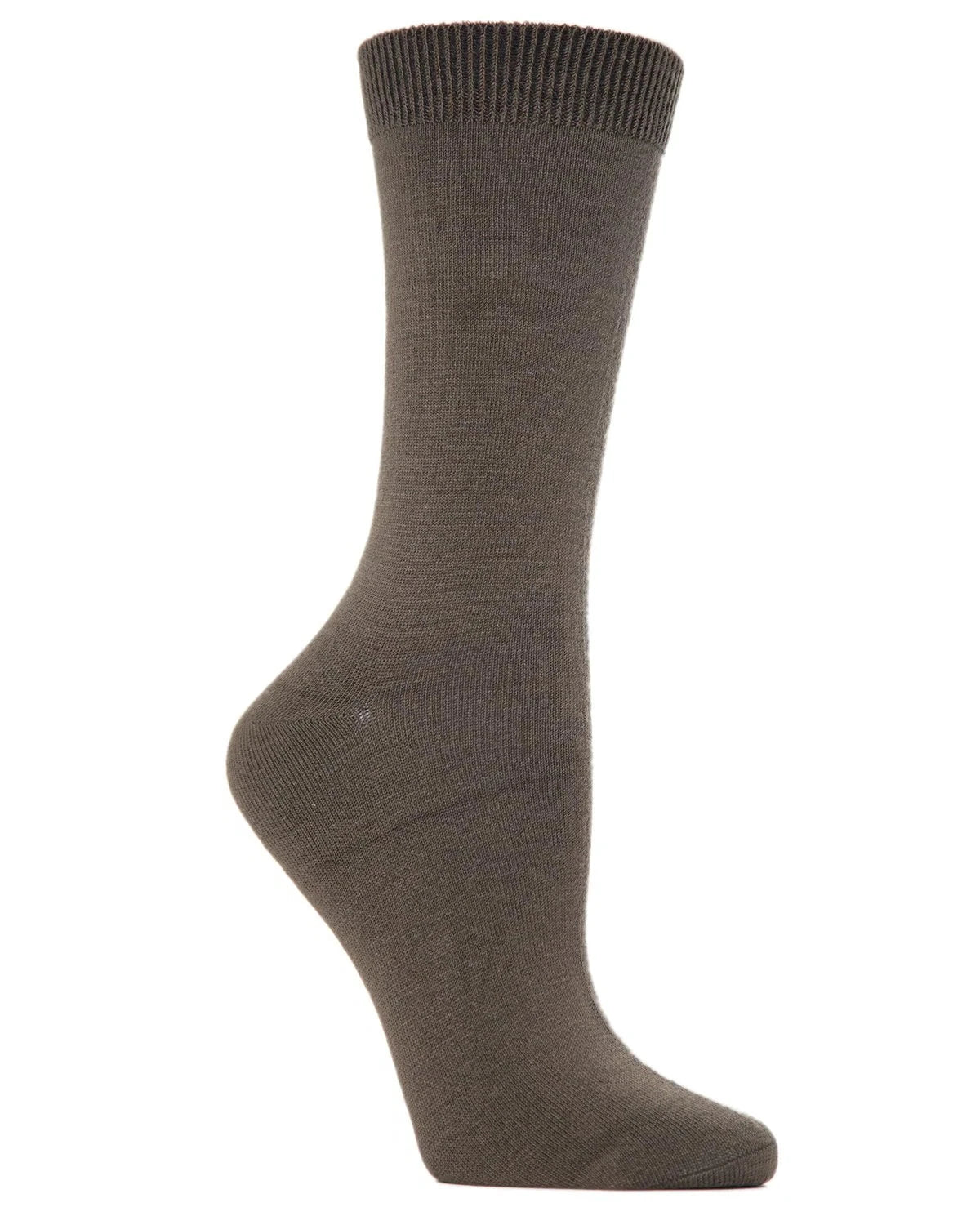 Olive green bamboo crew sock on foot form against white background