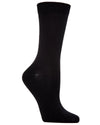 Black bamboo crew sock on foot form against white background