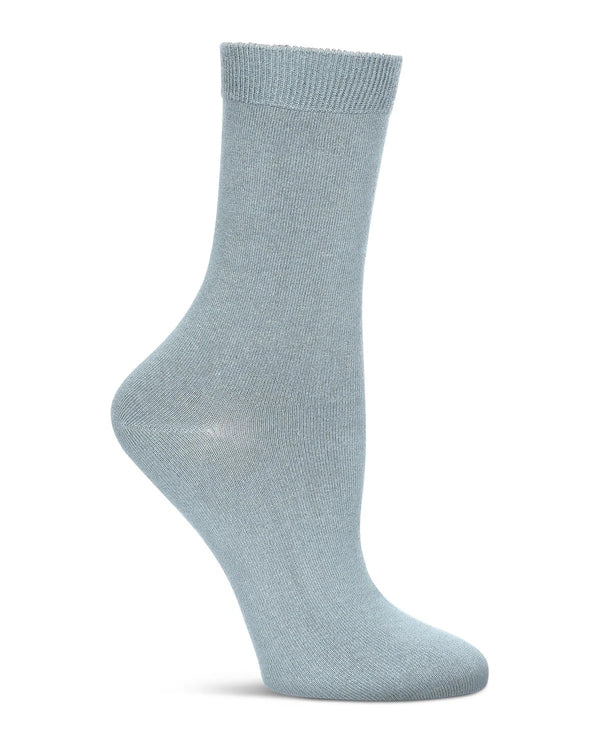 Foggy blue bamboo crew sock on foot form against white background