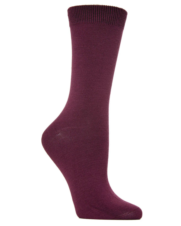 Burgundy bamboo crew sock on foot form against white background