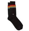 a pair of black socks with a small embroidered pride flag patch on the ankle and horizontal rainbow stripes near the cuff