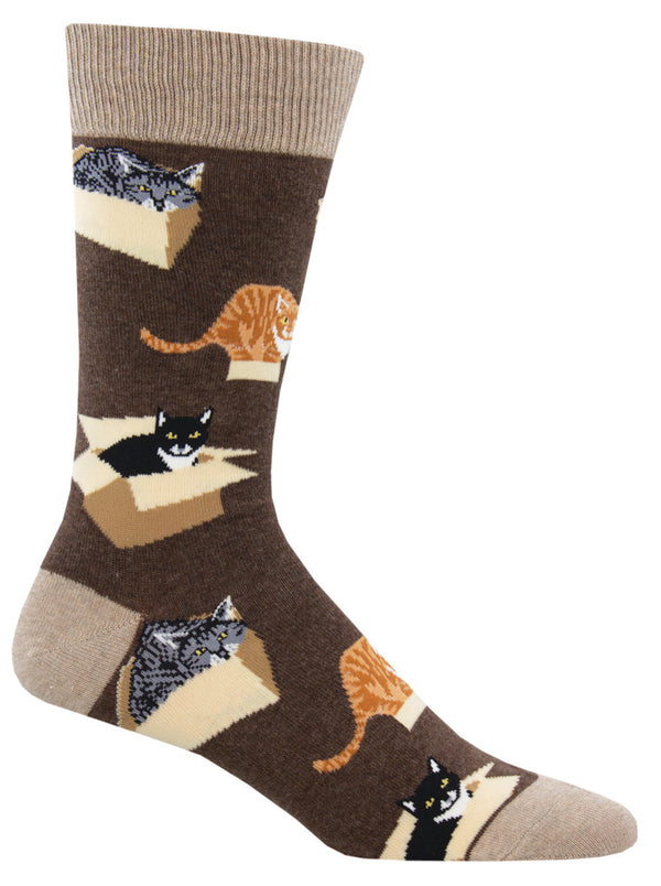 Brown sock featuring cats in boxes on a white background