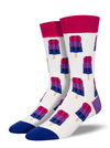a pair of white socks with a blue toe, purple heel and pink cuff and a motif of pink, purple and blue popsicles representing the bisexual pride flag