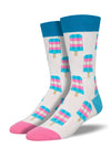 a pair of white socks with a pink toe and light blue heel and cuff, and a pattern of pink, blue and white striped popsicles all over representing the transgender pride flag