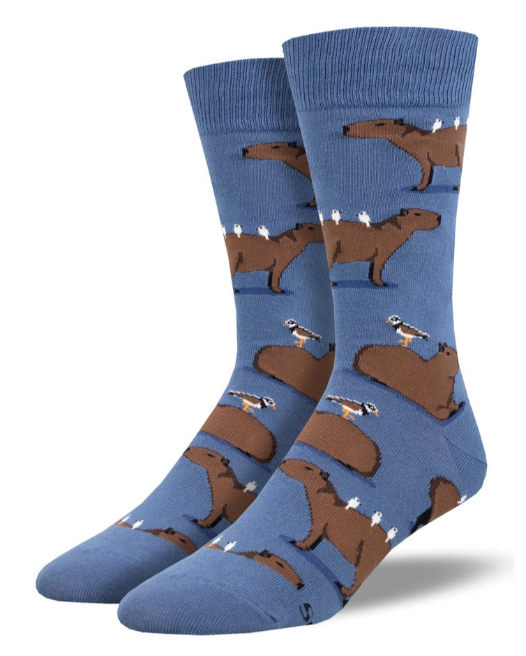 a pair of blue socks on foot forms featuring many brown capybaras with little birds sitting on their backs