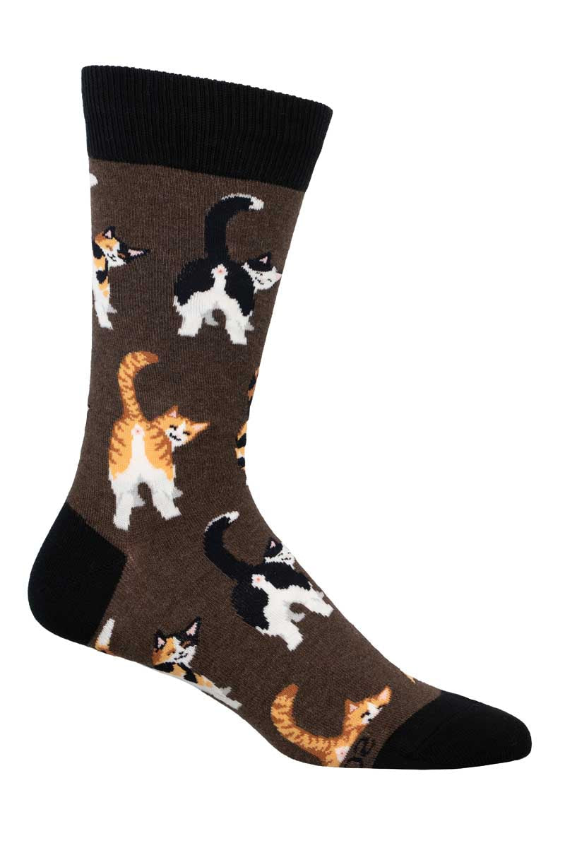 Brown sock featuring cats looking over their shoulders/buttholes