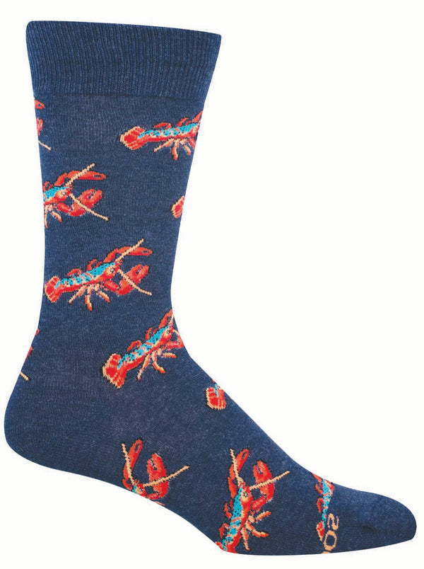 Navy blue sock with red lobster pattern on a white background
