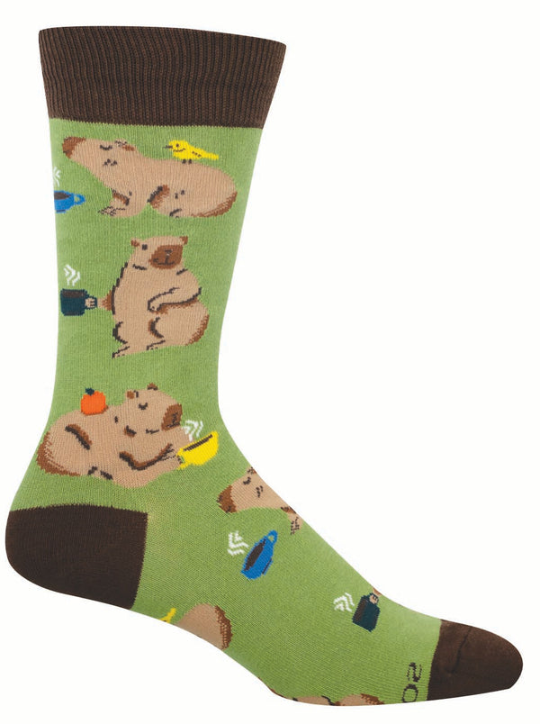 Green sock featuring capybaras with coffee cups, bird friends & oranges