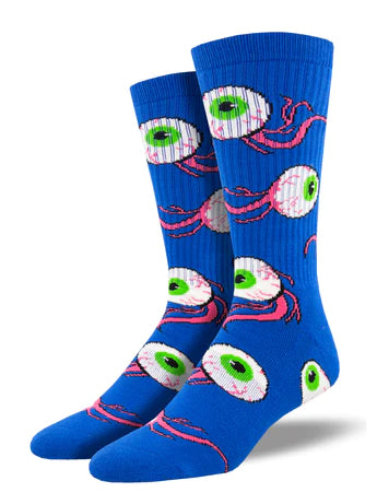 Shown on leg forms, these unisex blue athletic socks have an all over motif of eyeballs with a green iris and the optic nerve still attached.