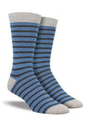 Pair of blue and gray striped socks on a white background
