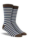 Pair of striped socks with brown and blue pattern on a white background