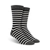 Black and white striped socks with gray toes and heels on a white background