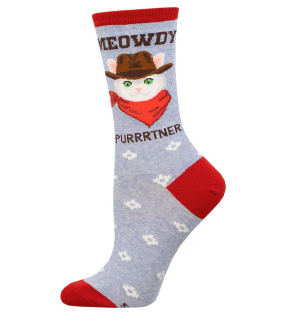 Blue sock with red trim and cat cowboy design and text that reads "MEOWDY PURRRTNER"