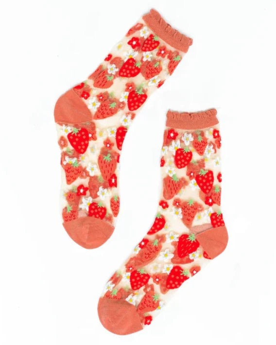 Shown in flatlay: 2 sheer socks with dusty rose heel, toe and ruffle ankle featuring strawberries and red & white daisies