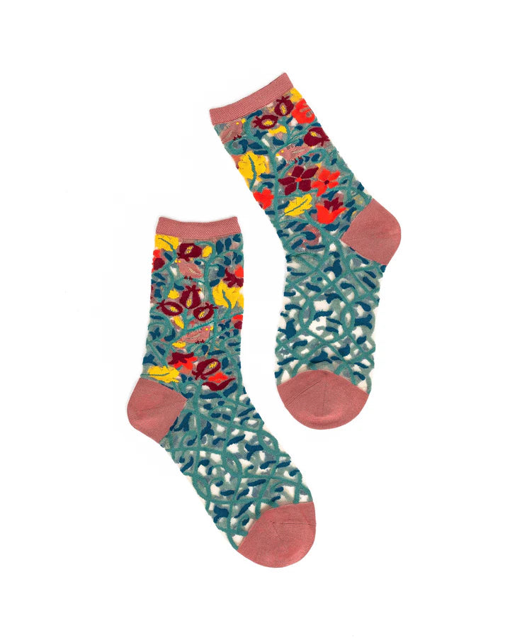 Sheer floral and vine-patterned socks on a white background