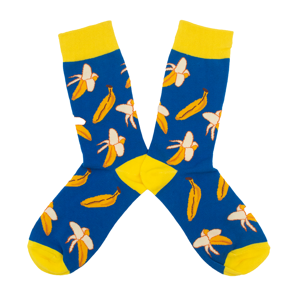 Blue socks with banana pattern and yellow accents on a white background