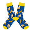Blue socks with banana pattern and yellow accents on a white background