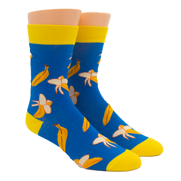 Blue socks with banana pattern and yellow accents on a white background
