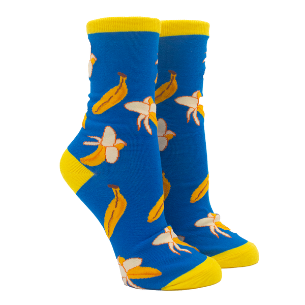 Blue socks with banana pattern on a white background