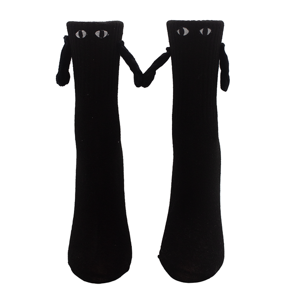 Black socks with eyes and 3d arms hold hands