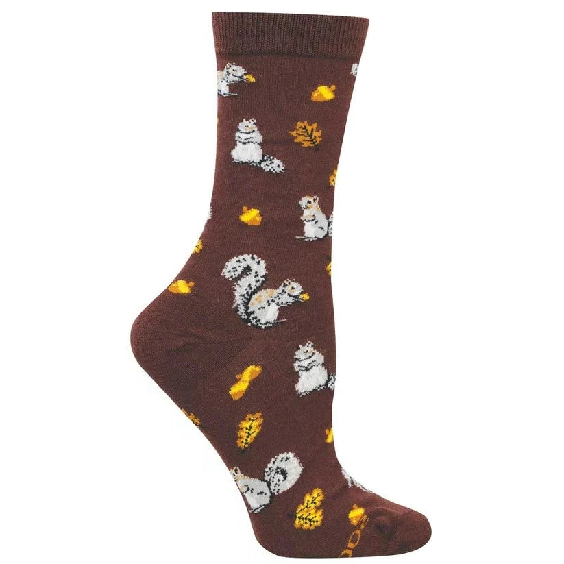 Brown sock featuring gray squirrels and forest icons like acorns and leaves