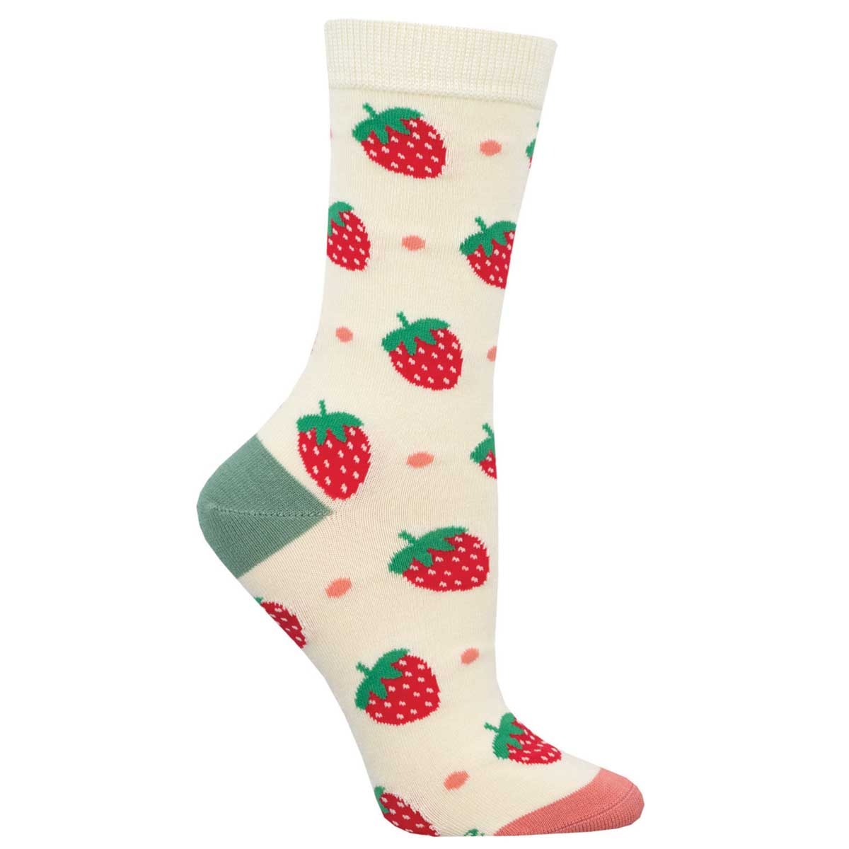 Ivory cream socks are shown on a foot model. They feature a pattern of quaint red strawberries and pink polk dots, a soft green heel, and a dusty pink toe.