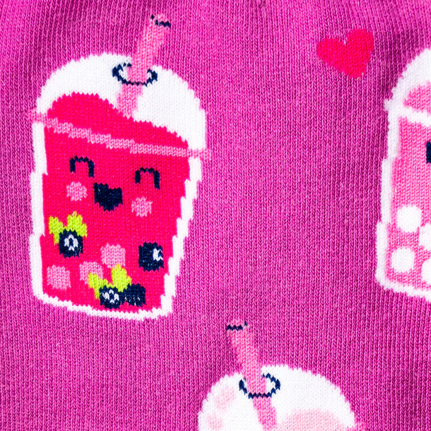 Hot pink fabric with red hearts and smiling pink and white boba teas