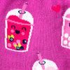 Hot pink fabric with red hearts and smiling pink and white boba teas