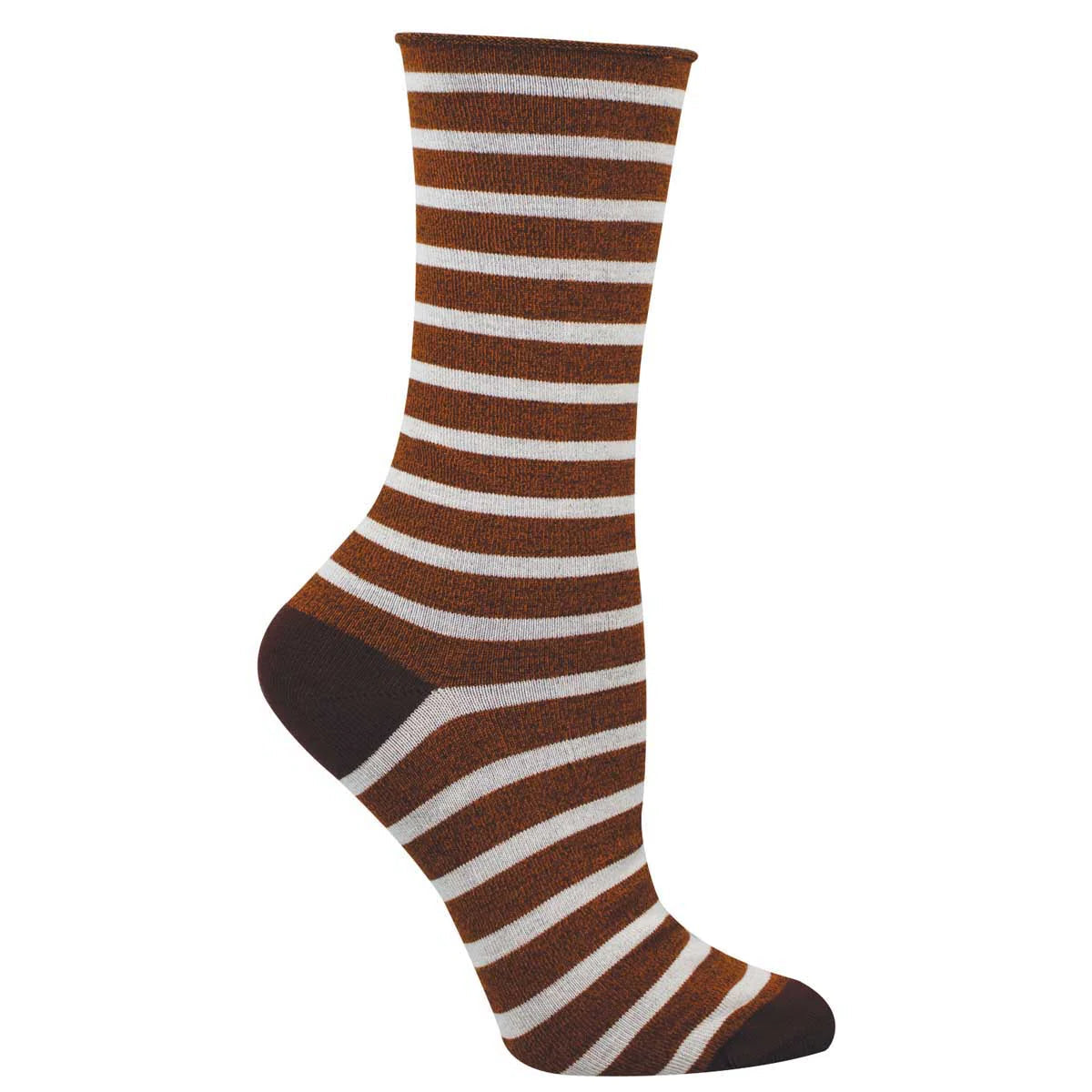 Burnt orange and white-striped socks on white background