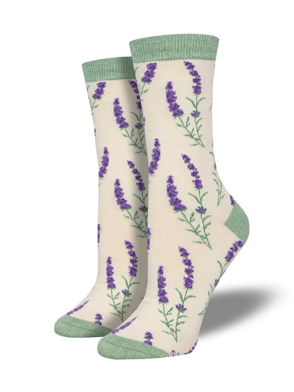ivory socks with a green toe heel and cuff and small purple sprigs of lavender flowers