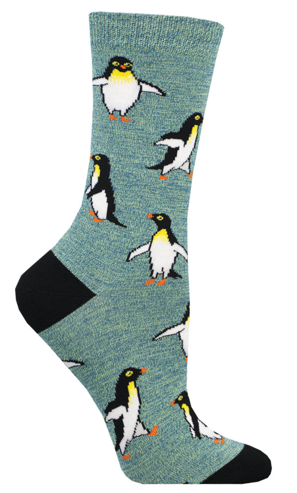 Green and blue-heathered sock featuring penguins