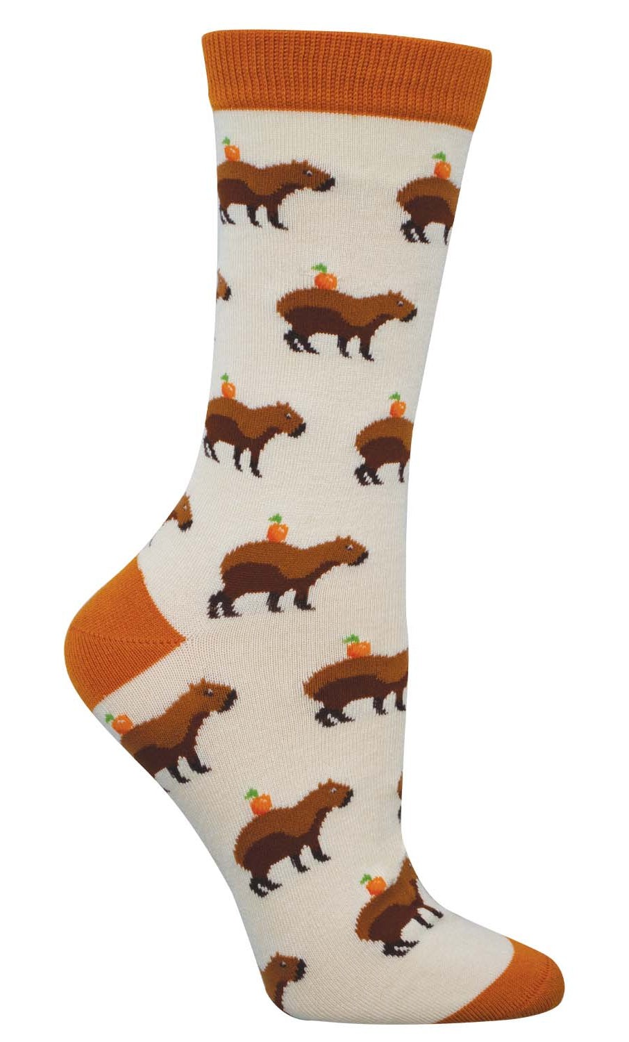 Ivory sock featuring capybaras with oranges on their backs