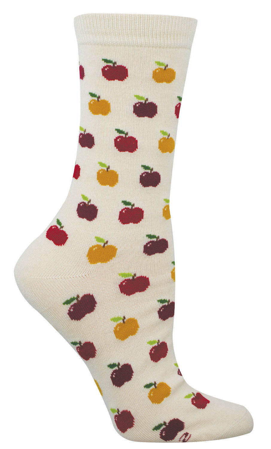 Cream sock with colorful apple pattern on a white background