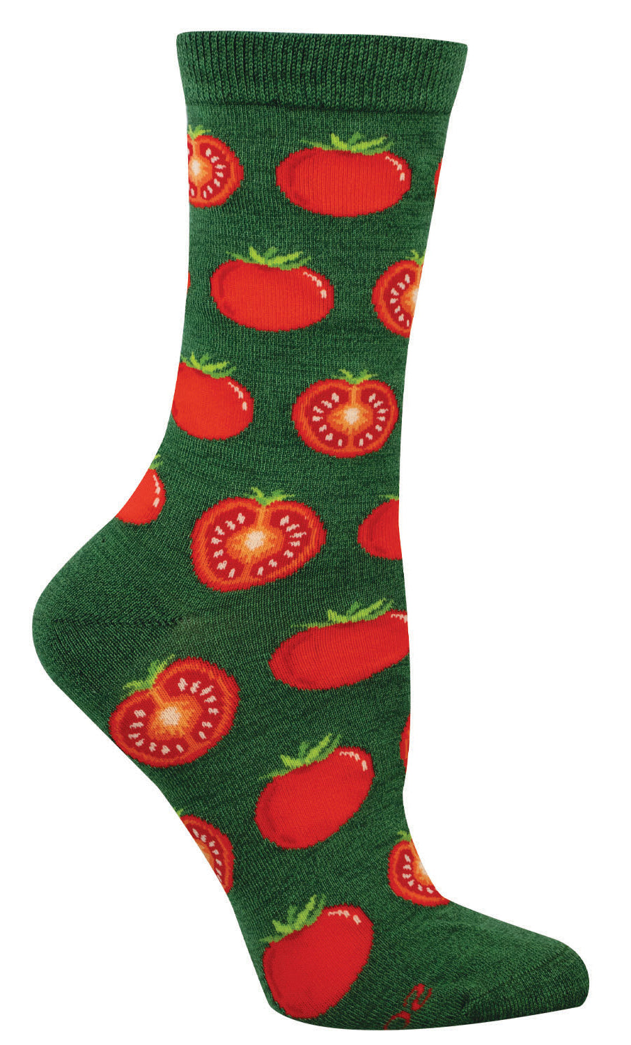 Green sock featuring tomatoes on a white background